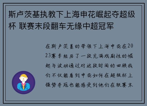 斯卢茨基执教下上海申花崛起夺超级杯 联赛末段翻车无缘中超冠军 斯卢茨基执教下上海申花崛起夺超级杯 联赛末段翻车无缘中超冠军